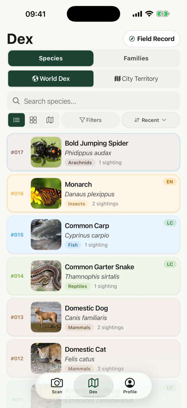 La lista de especies de RealDex mostrando entradas capturadas, incluida una araña saltadora audaz, una monarca, una carpa común y una culebra listonada común, cada una con su nombre binomial y estado de conservación.